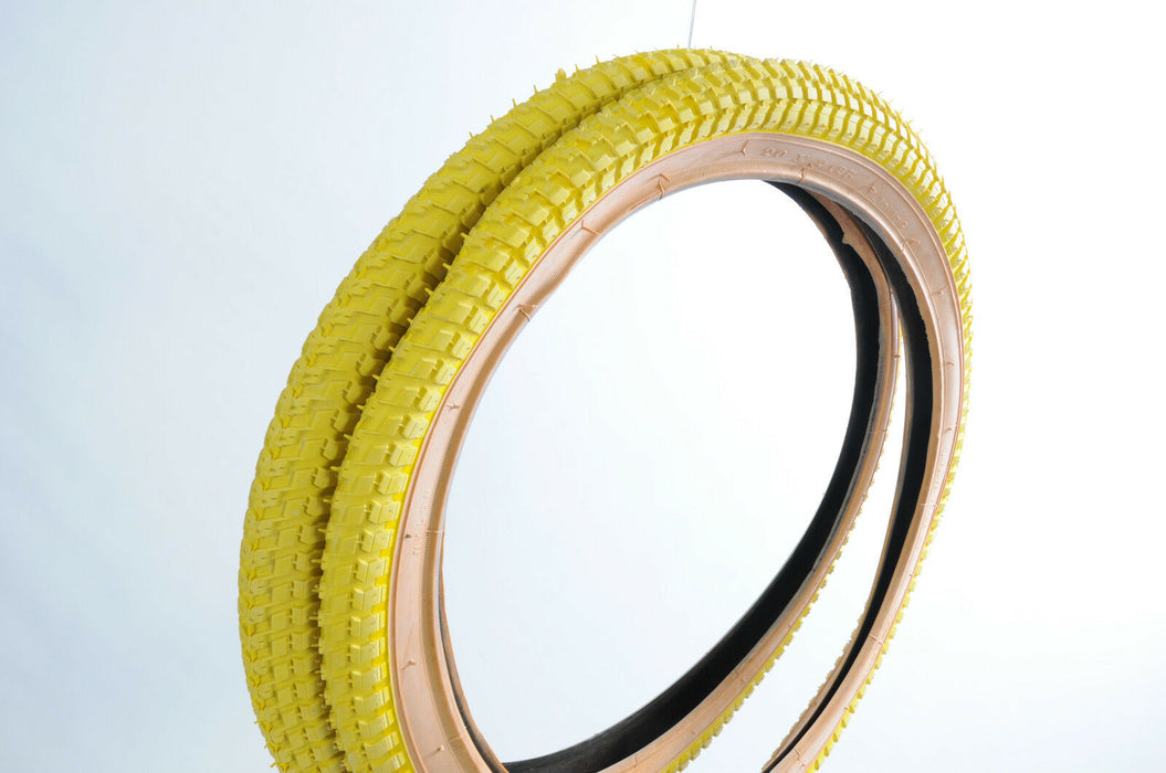 PAIR 20 x 2.125 OLD SCHOOL BMX "SNAKE BELLY" TYRES YELLOW AMBERWALL (GUMWALLS)