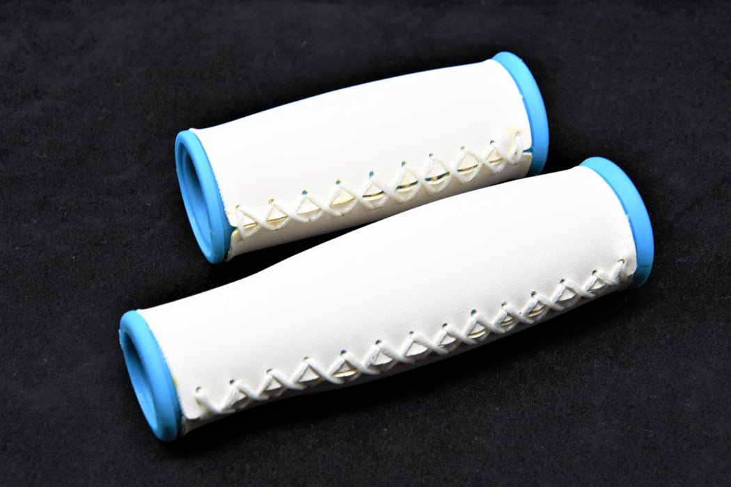 Pair Luxury White & Blue “Hand Stitch Look” Bike Handlebar Grips 2 Sizes Gripshift